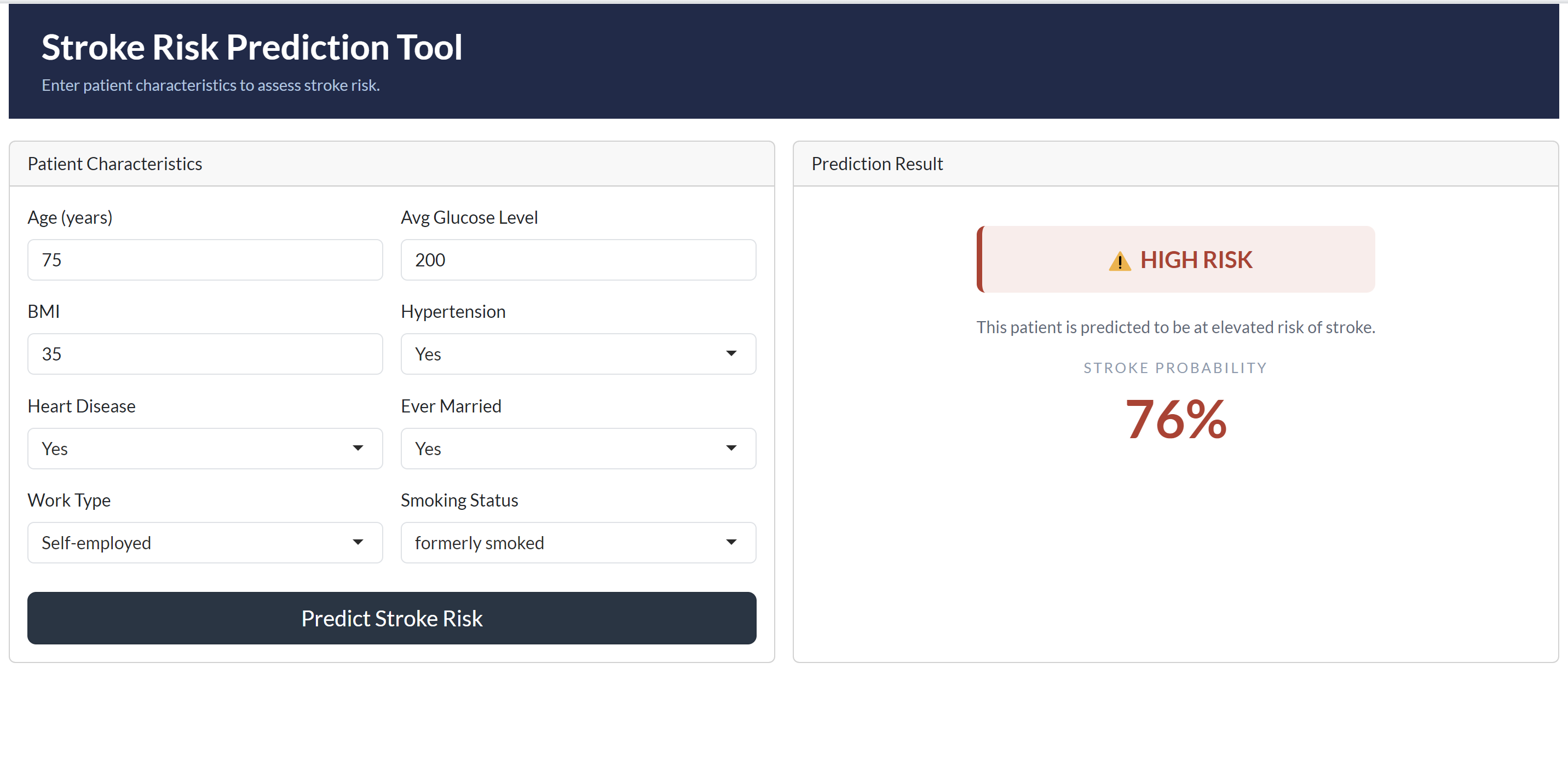 Stroke Risk Prediction Tool HIGH RISK Prediction (76% Stroke Probability)